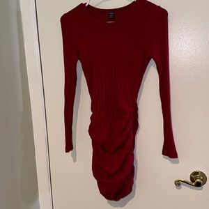 red ruched dress
